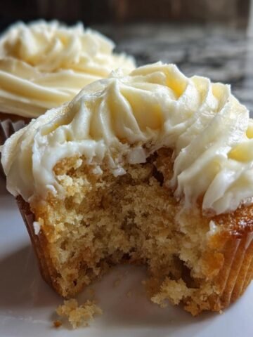Close-up of a White Chocolate Cupcakes with a bite taken out, showing the moist crumb and thick white chocolate frosting.