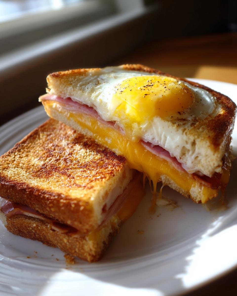 Close-up of a Breakfast Grilled Cheese sandwich cut in half, featuring melted cheese, ham, and a fried egg on top.