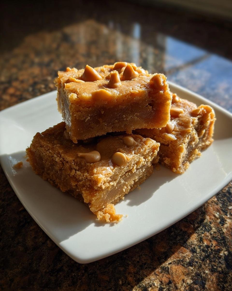 Three stacked, golden-brown Butterscotch Bars topped with melted chips on a white plate.