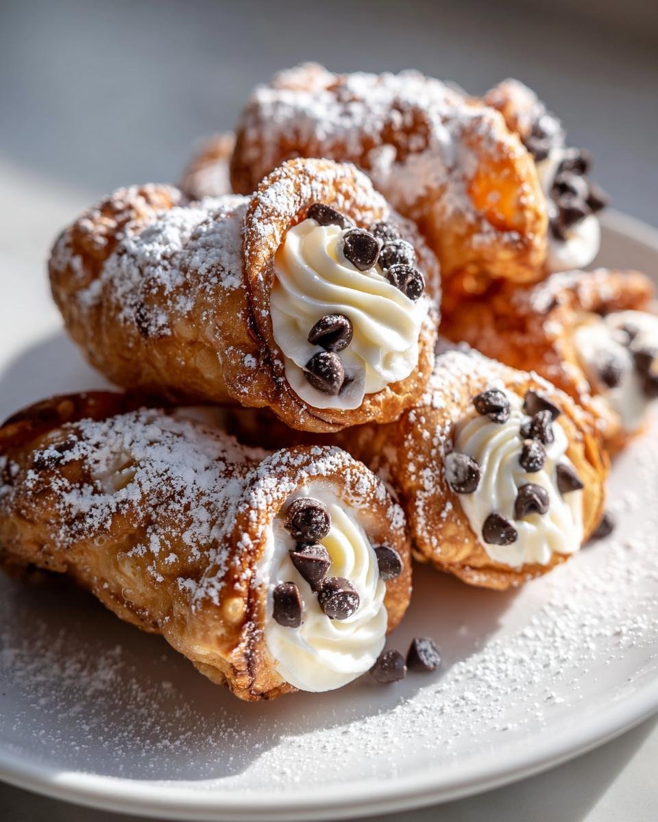 A stack of freshly made Cannoli Bites filled with cream and topped with mini chocolate chips and powdered sugar.