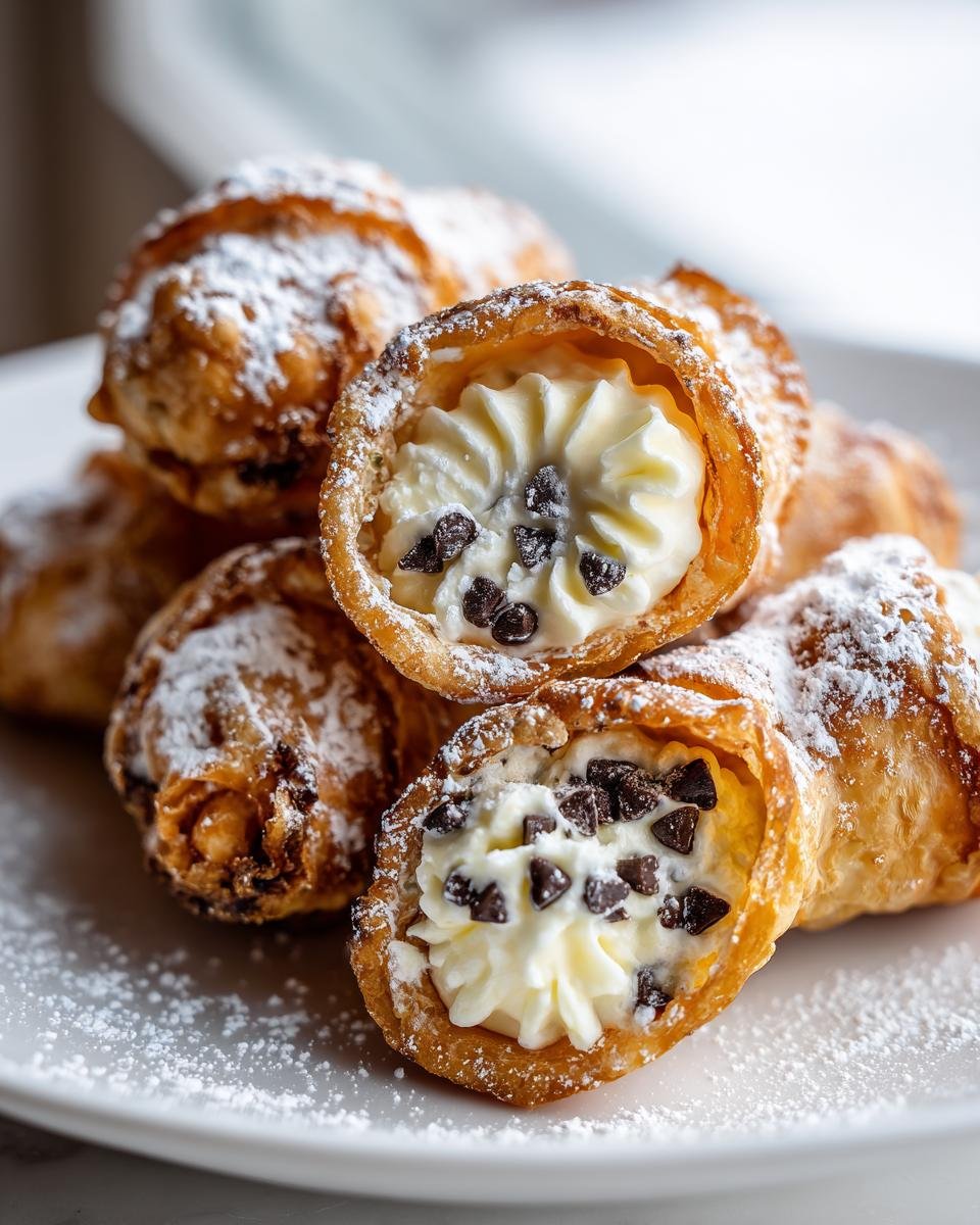 Close-up of several golden-brown Cannoli Bites dusted with powdered sugar, showing the creamy filling and mini chocolate chips.