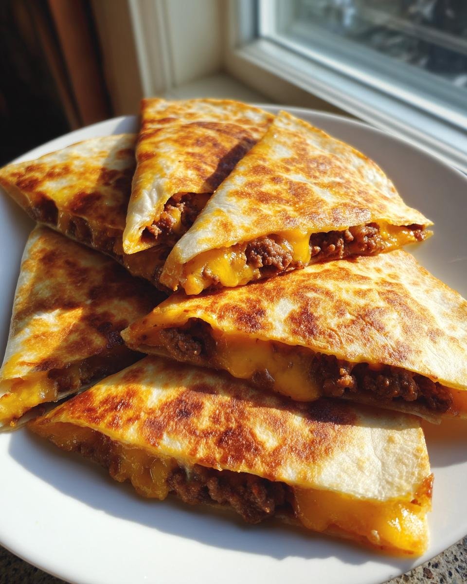 A stack of golden brown Cheeseburger Quesadillas wedges filled with ground beef and melted cheddar cheese.