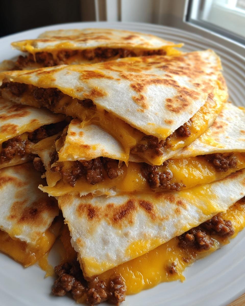 Close-up of stacked, golden-brown Cheeseburger Quesadillas oozing with melted cheddar cheese and seasoned ground beef.