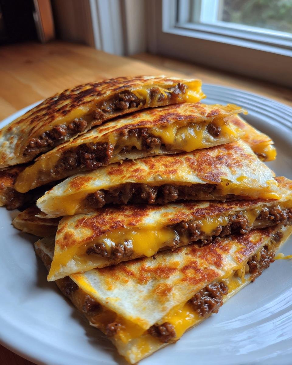 A stack of golden-brown, crispy Cheeseburger Quesadillas cut into triangles, oozing with melted cheddar cheese and seasoned ground beef.