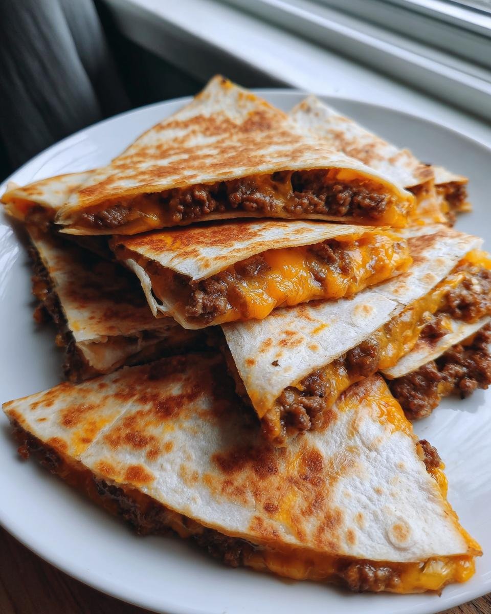 A stack of golden brown Cheeseburger Quesadillas filled with seasoned ground beef and melted cheddar cheese.