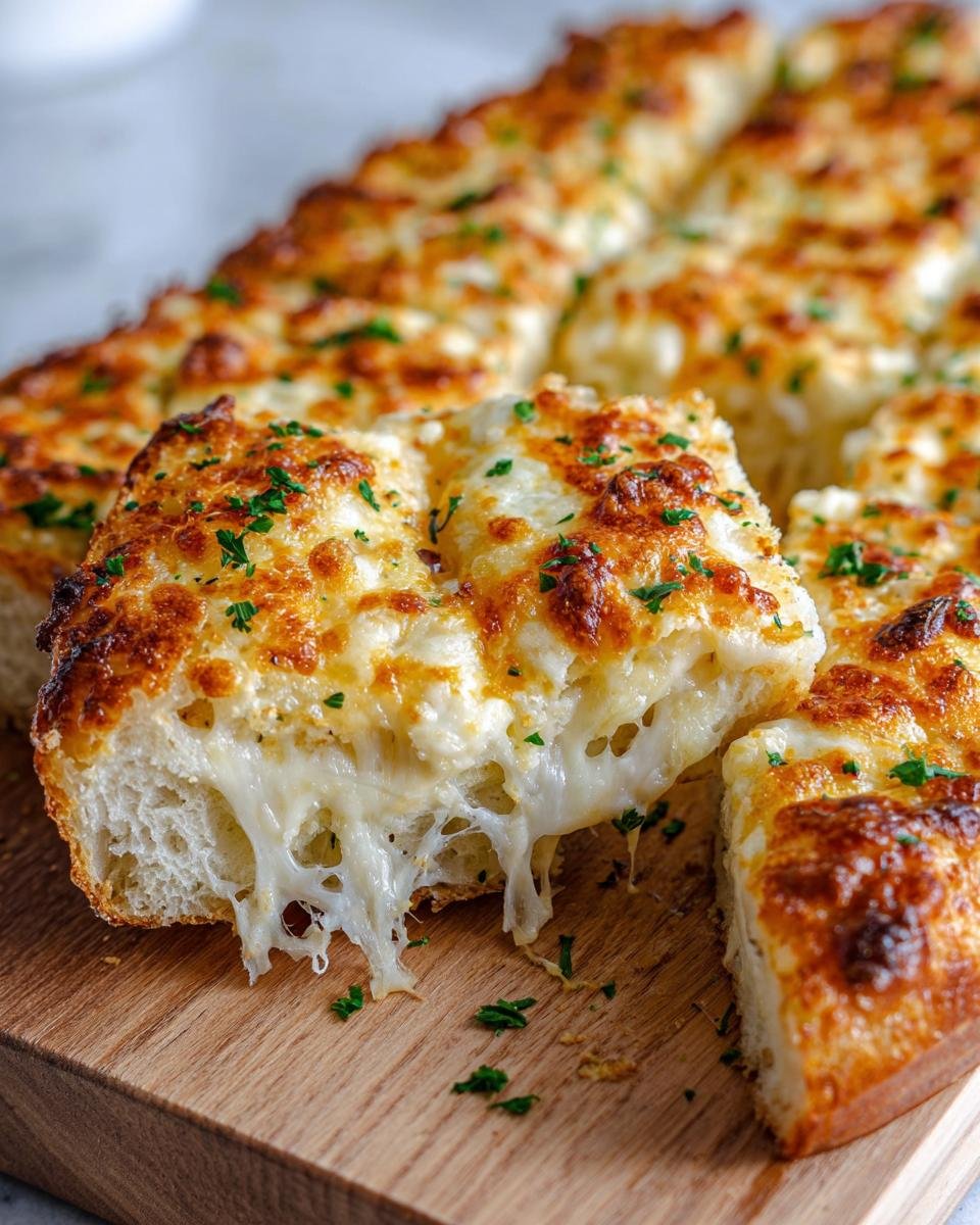 Close-up of Cheesy Garlic Bread slice being pulled away, showing melted, stretchy cheese and golden-brown topping.