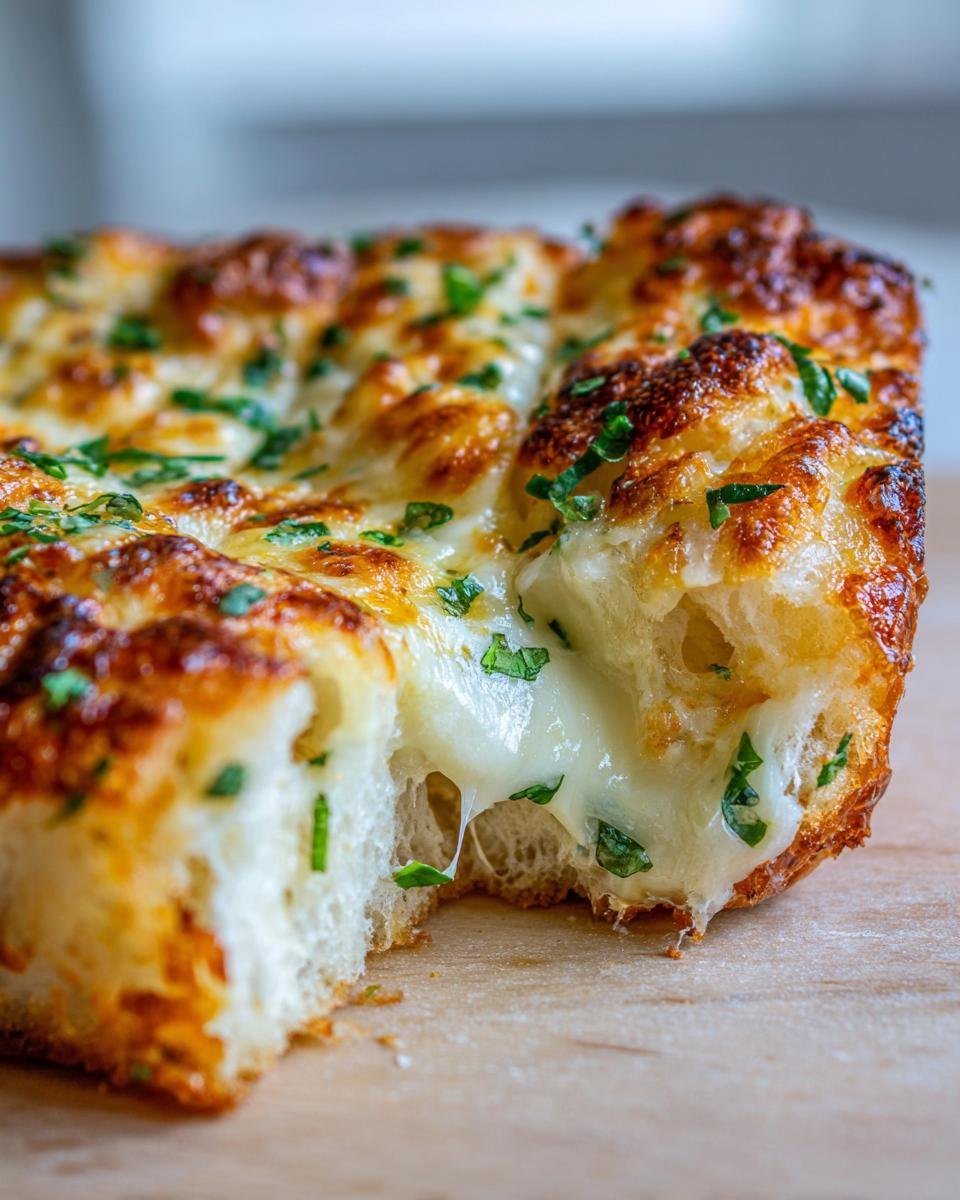 Close-up of Cheesy Garlic Bread showing gooey, melted cheese stretching as a piece is pulled away, topped with parsley.