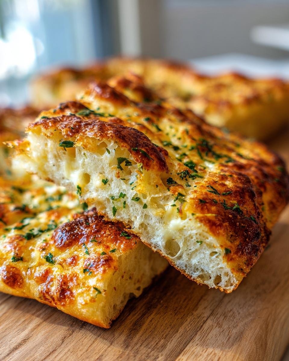 Close-up of two slices of Cheesy Garlic Bread pulled apart, showing melted cheese and herbs.