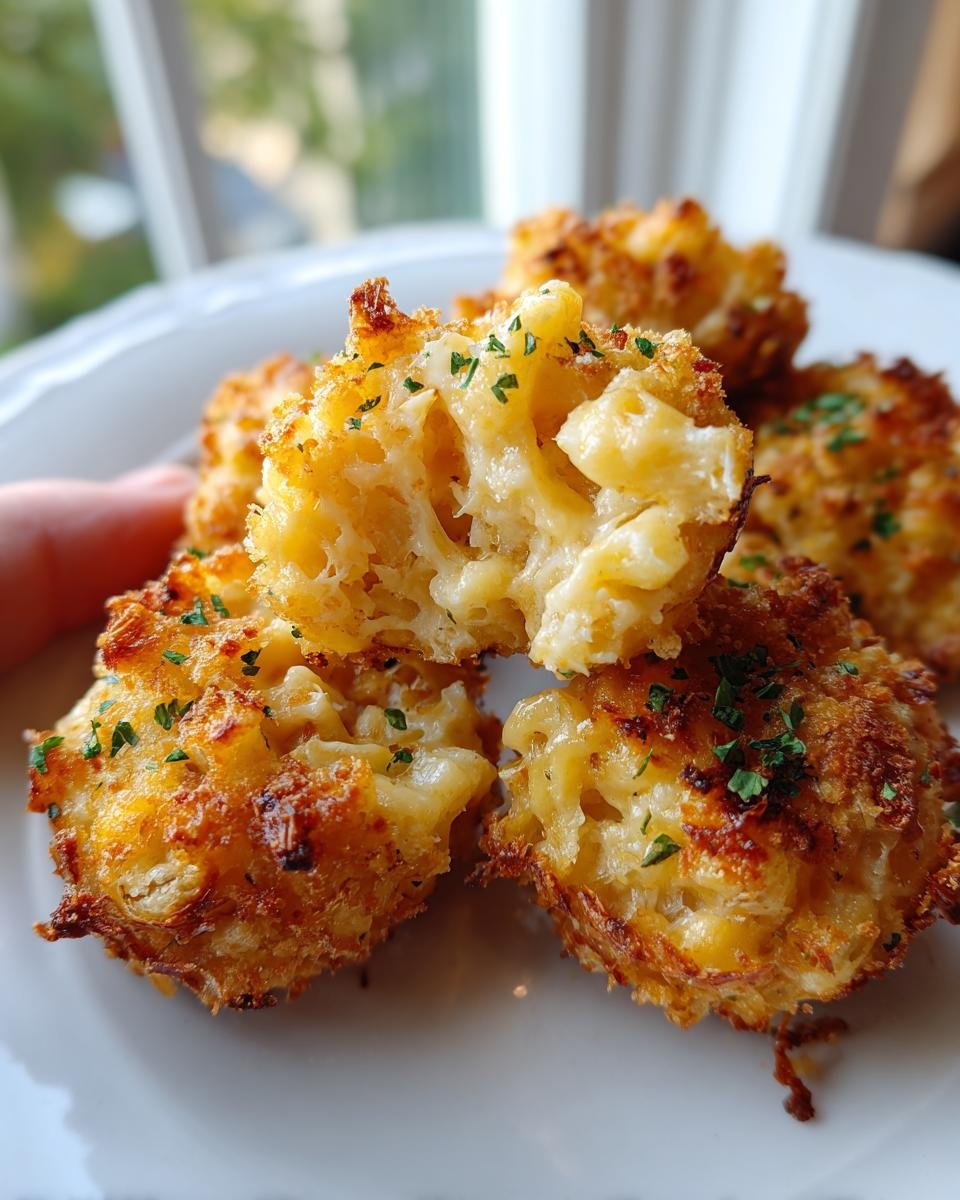 A close-up shot showing the gooey interior of one of the golden-brown Mac And Cheese Bites.
