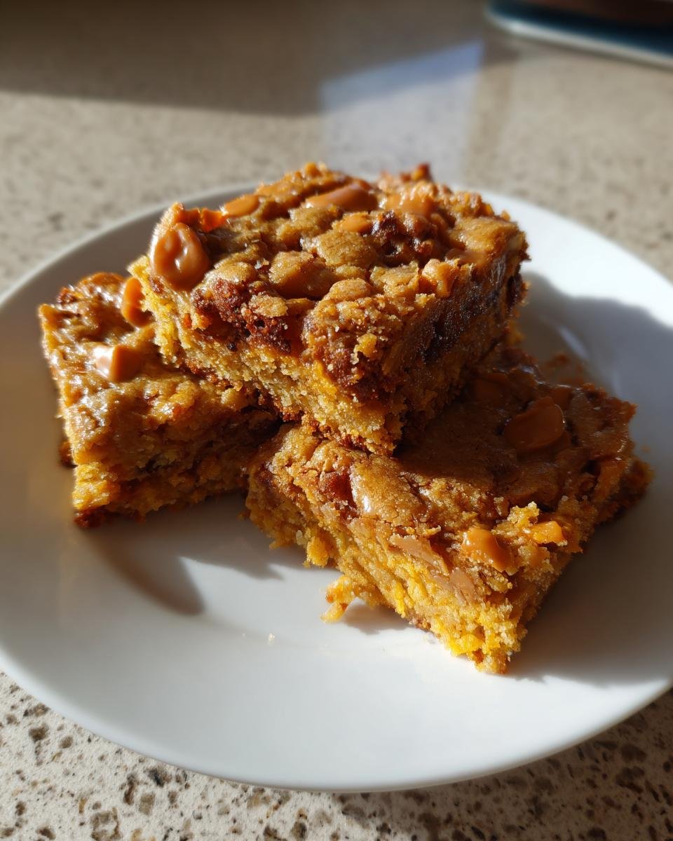 Three rich, golden brown Butterscotch Bars stacked slightly on a white plate, glistening in the sunlight.