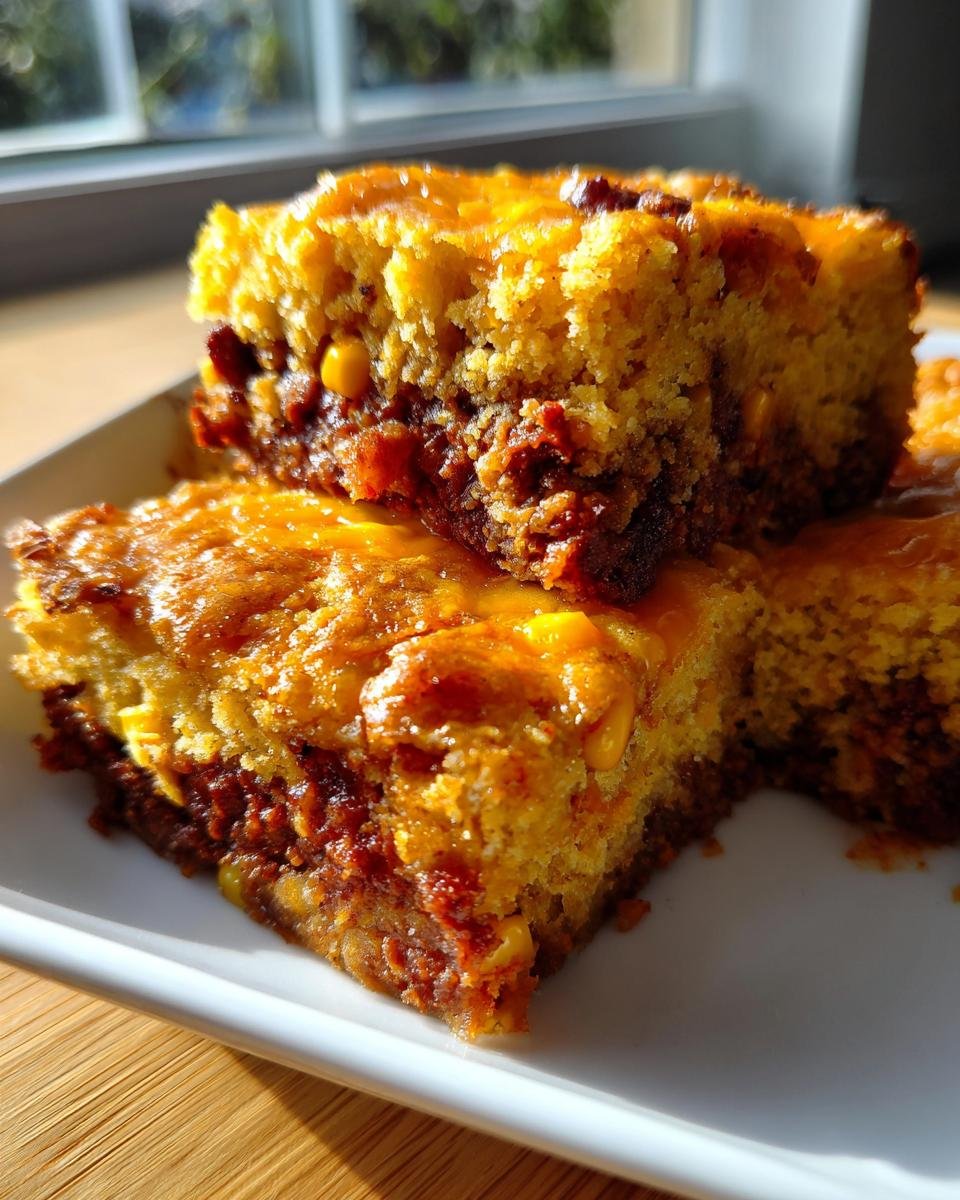 Close-up of stacked slices of moist Chili Cornbread Casserole showing the cornbread top and chili filling below.