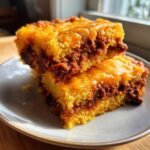 Two stacked squares of moist Chili Cornbread Casserole with a layer of chili filling and melted cheese topping.