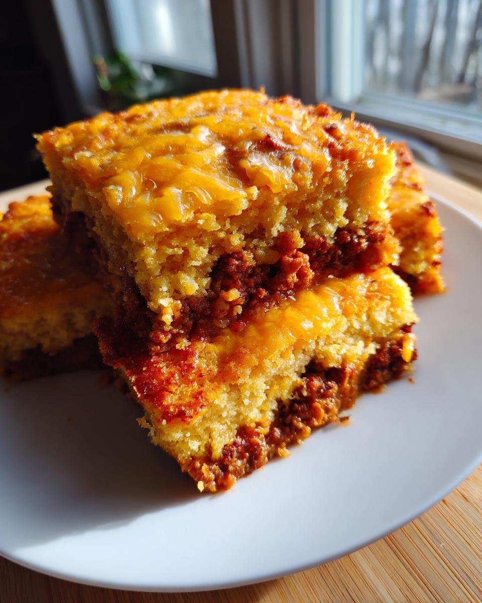 Close-up of stacked squares of Chili Cornbread Casserole topped with melted cheddar cheese.