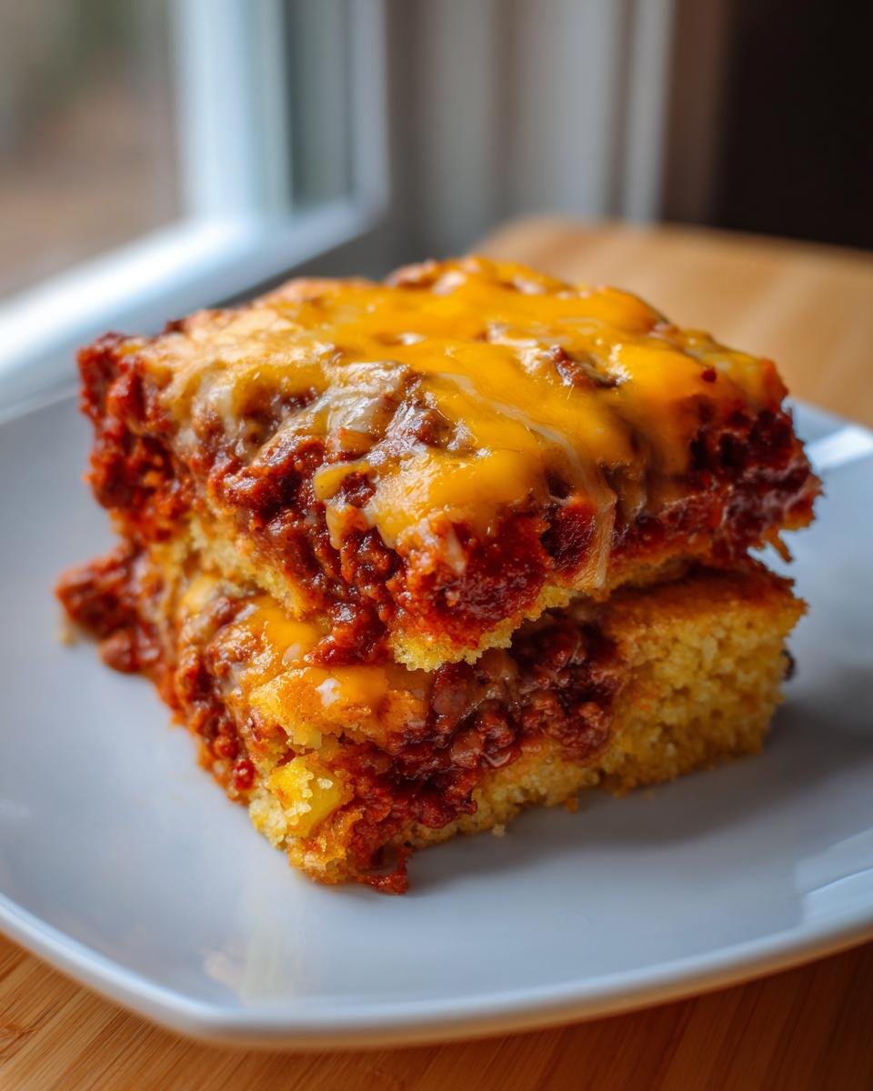 Two stacked squares of Chili Cornbread Casserole topped with rich chili and melted cheddar cheese.