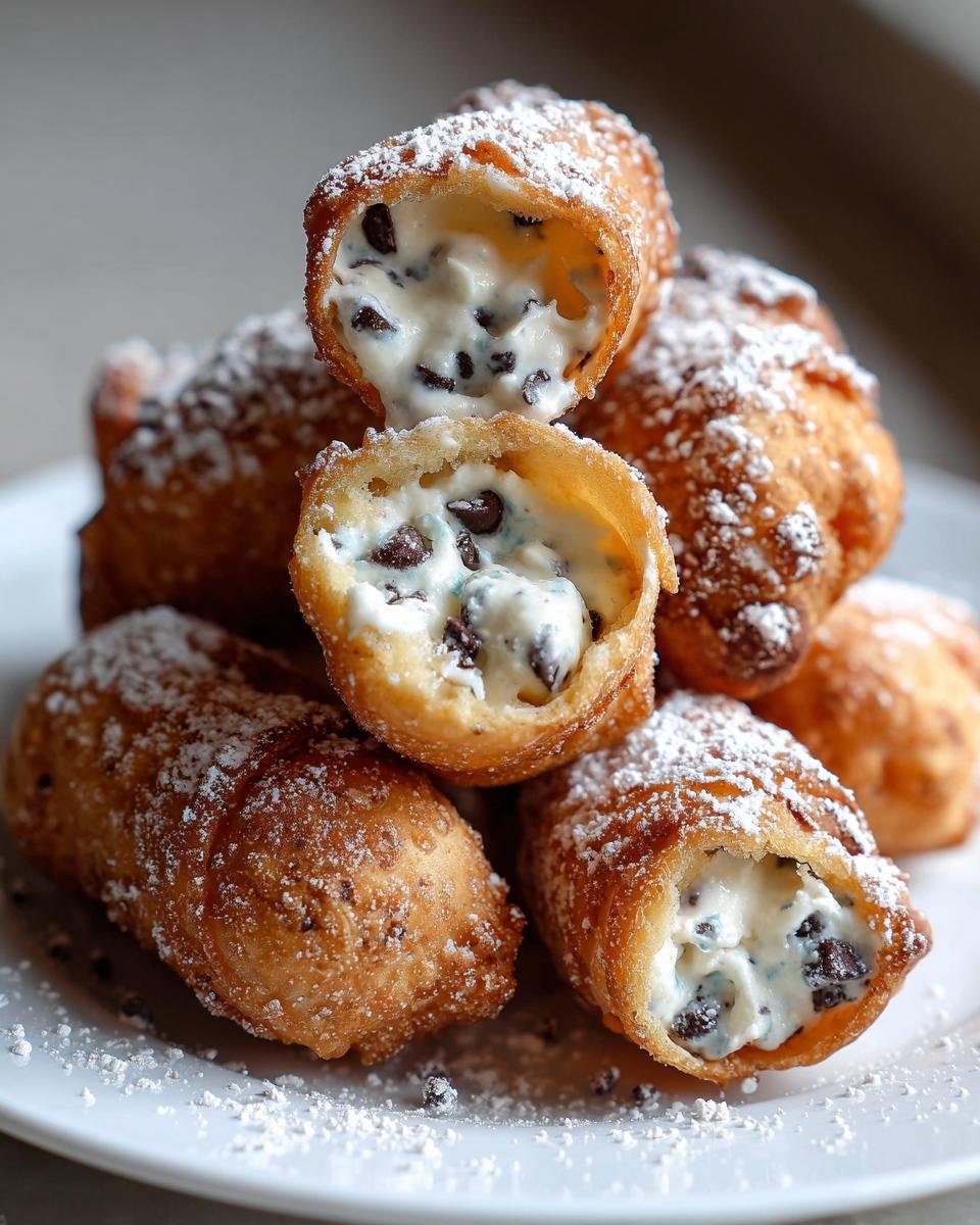 A stack of golden-brown, fried Cannoli Bites dusted with powdered sugar, showing creamy filling with chocolate chips.