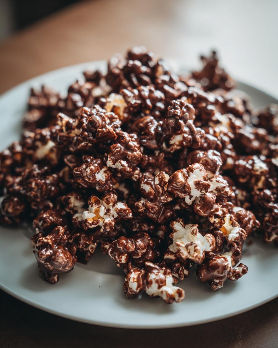 A pile of glossy Chocolate Covered Popcorn coated in rich dark chocolate served on a light gray plate.