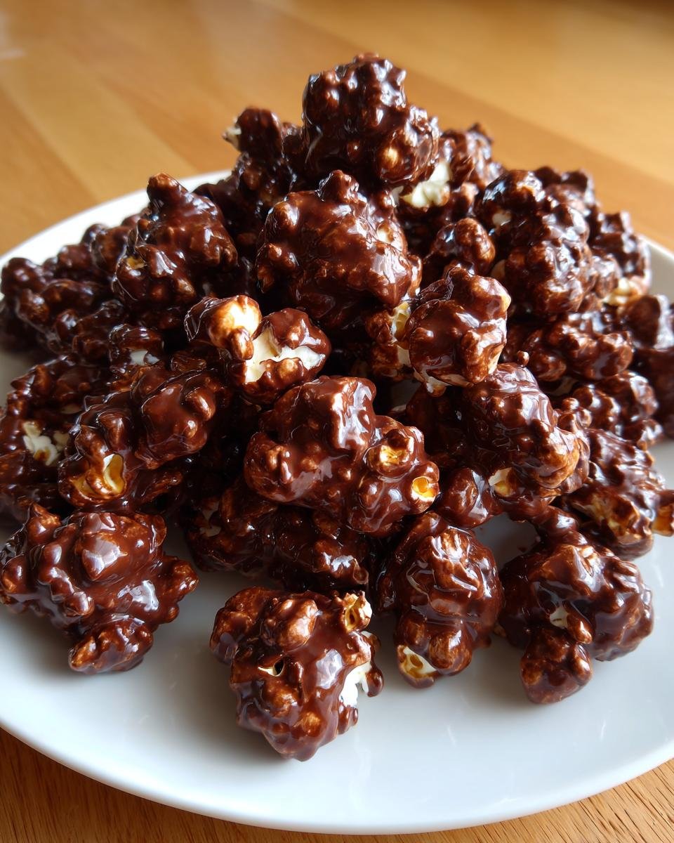 A mound of glossy Chocolate Covered Popcorn piled high on a white plate.