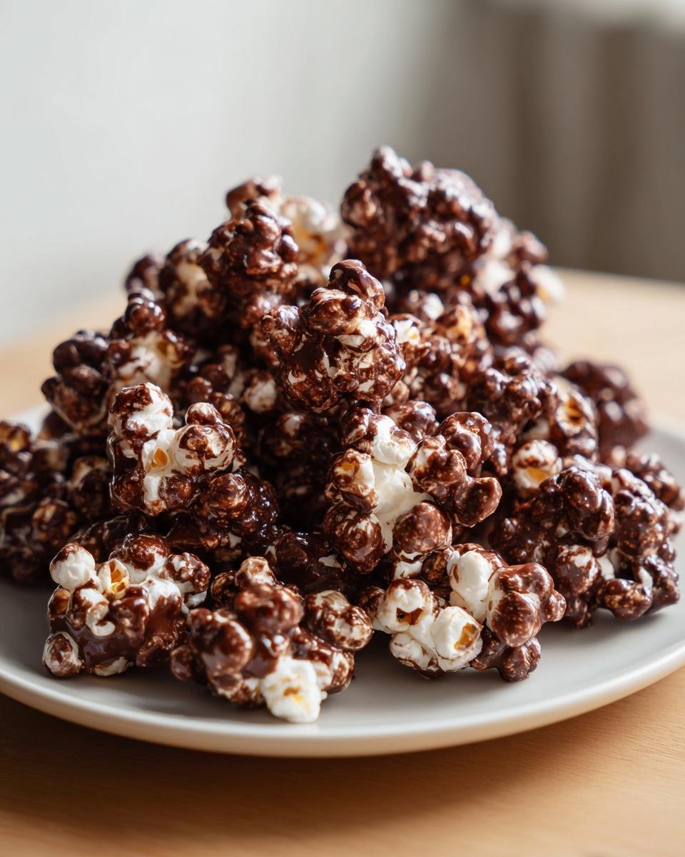 A close-up of a mound of fluffy white popcorn heavily coated in glossy dark chocolate, ready to eat.