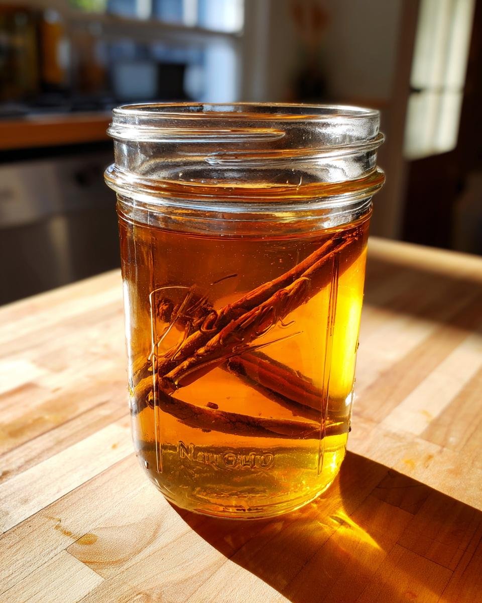 A glass mason jar filled with amber liquid and cinnamon sticks, likely infusing for Apple Pie Moonshine.