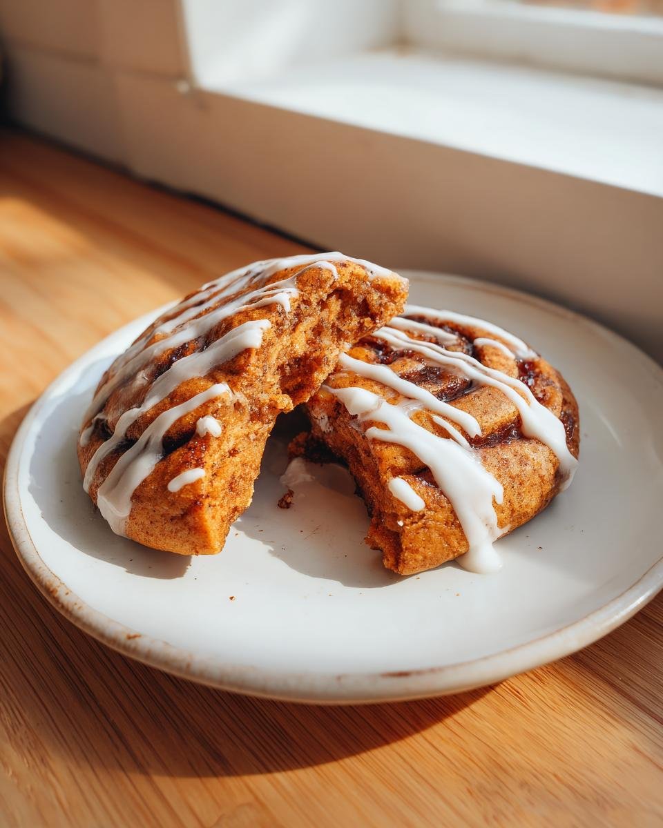 A soft Cinnamon Roll Cookie broken in half, drizzled heavily with white icing, sitting on a white plate.