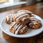 A stack of five soft Cinnamon Roll Cookies drizzled generously with white vanilla icing on a white plate.