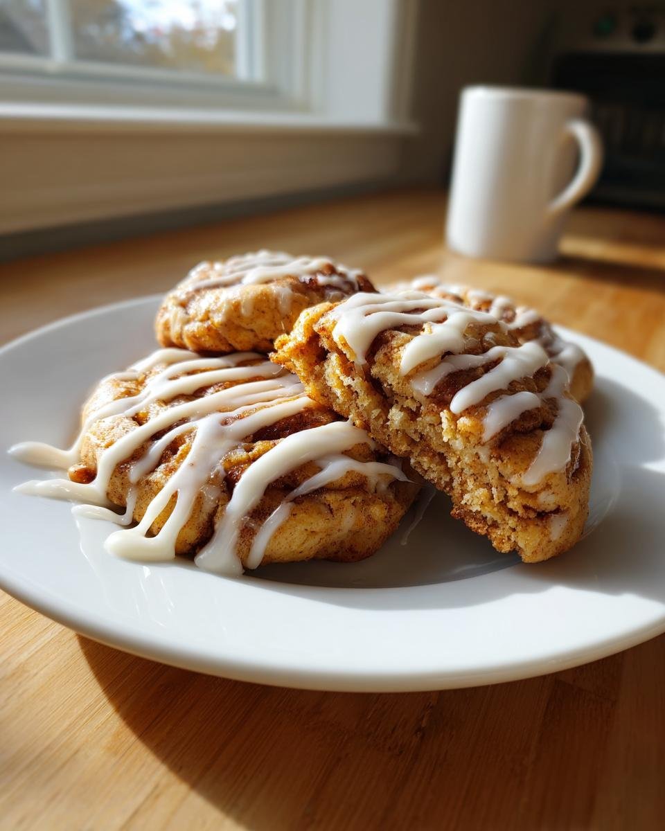 Three delicious Cinnamon Roll Cookies, one broken open, drizzled with white icing on a white plate.