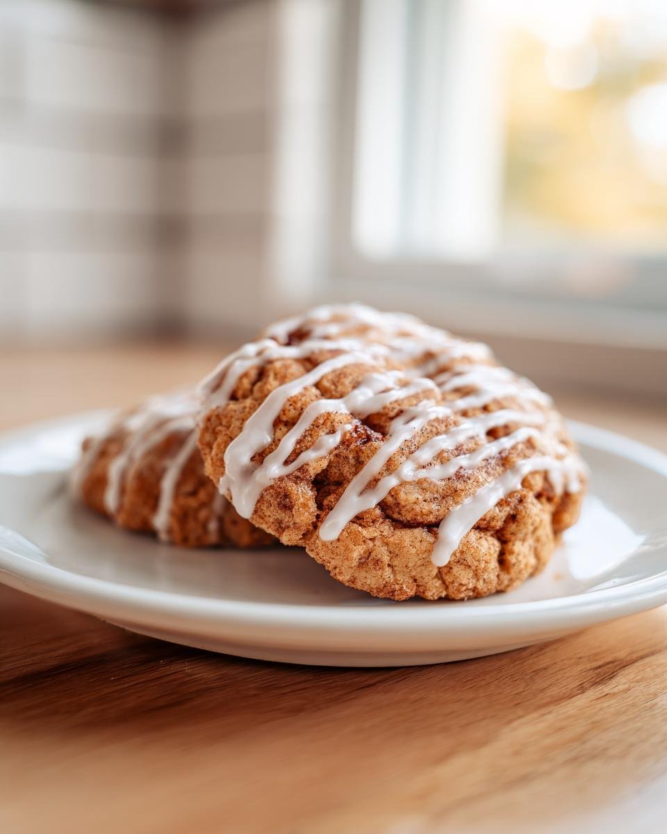 Two delicious Cinnamon Roll Cookies drizzled with white icing, resting on a white plate.