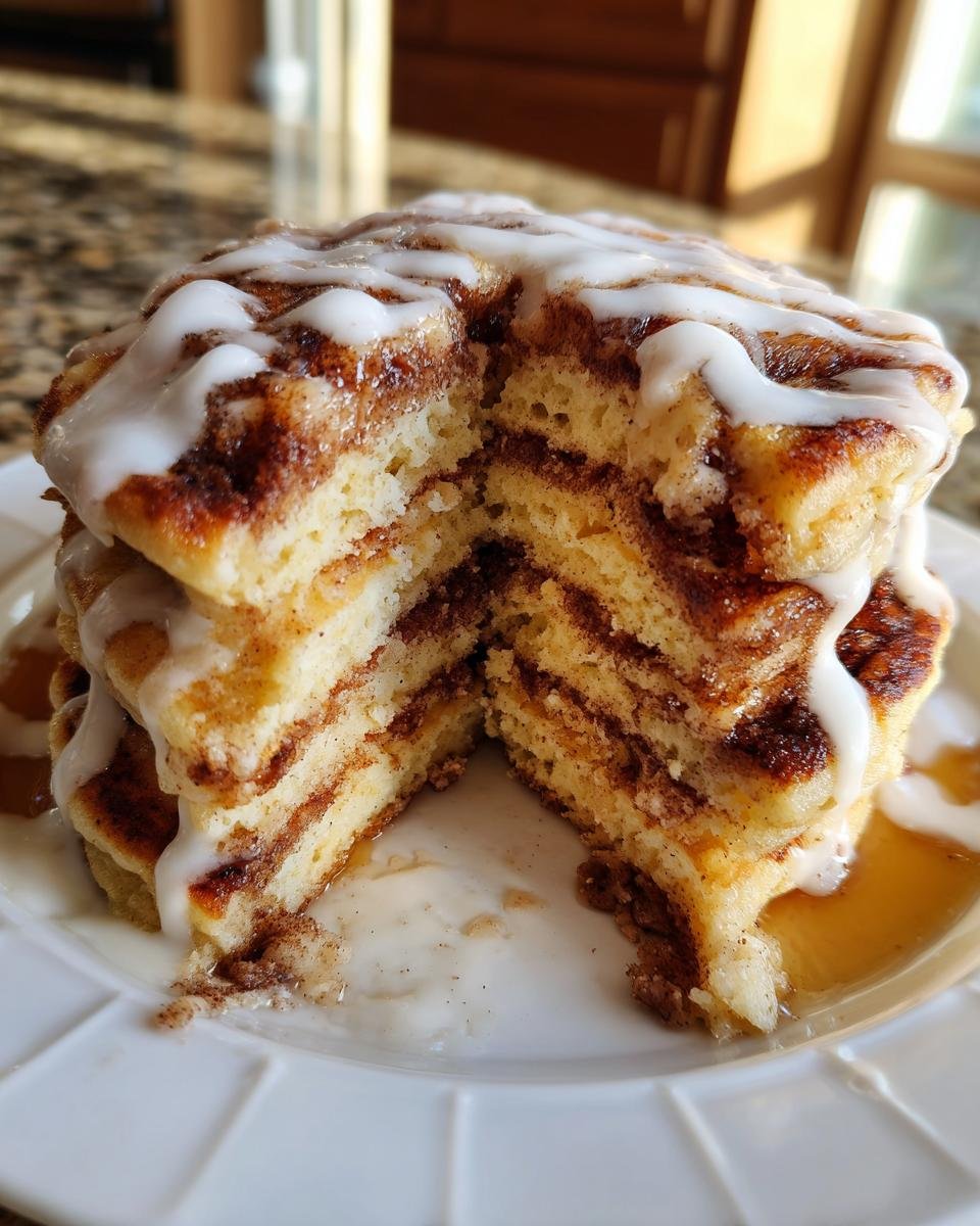 A stack of fluffy Cinnamon Roll Pancakes cut in half, showing cinnamon swirls and drizzled with white icing.
