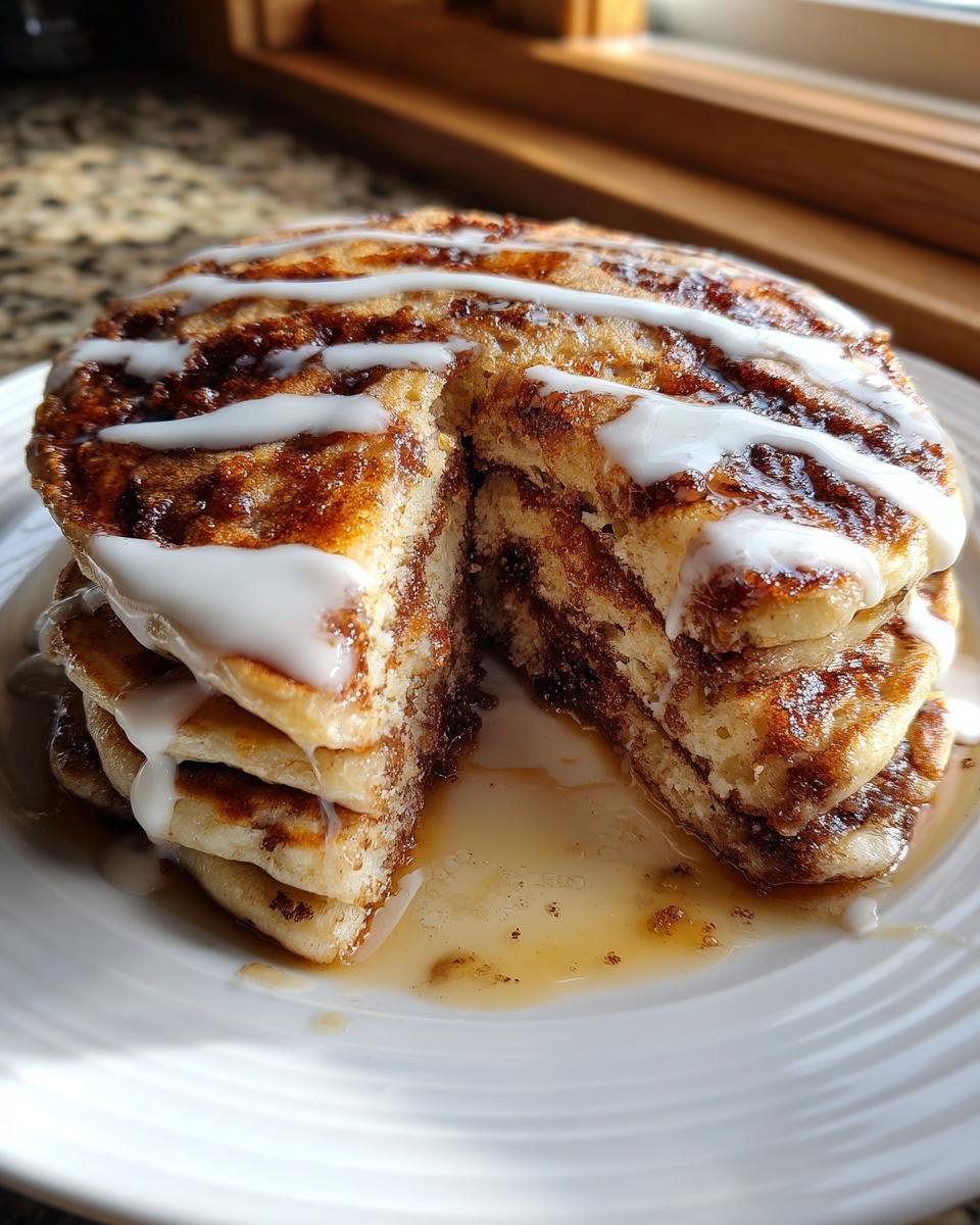 A stack of fluffy Cinnamon Roll Pancakes cut in half, drizzled with white icing and syrup pooling on the plate.