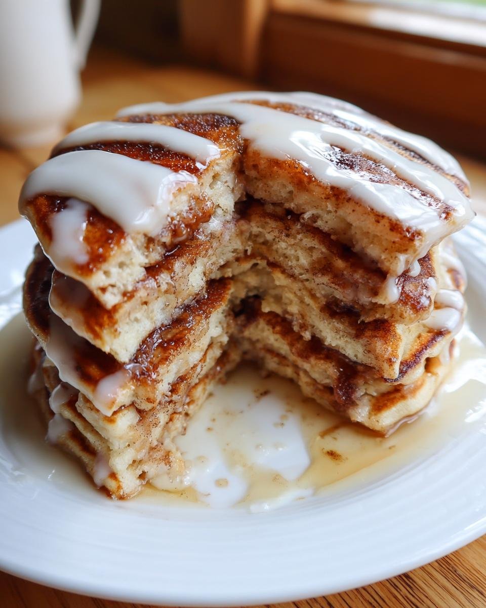 A tall stack of Cinnamon Roll Pancakes, cut open to show the layers, drizzled with white icing and syrup.