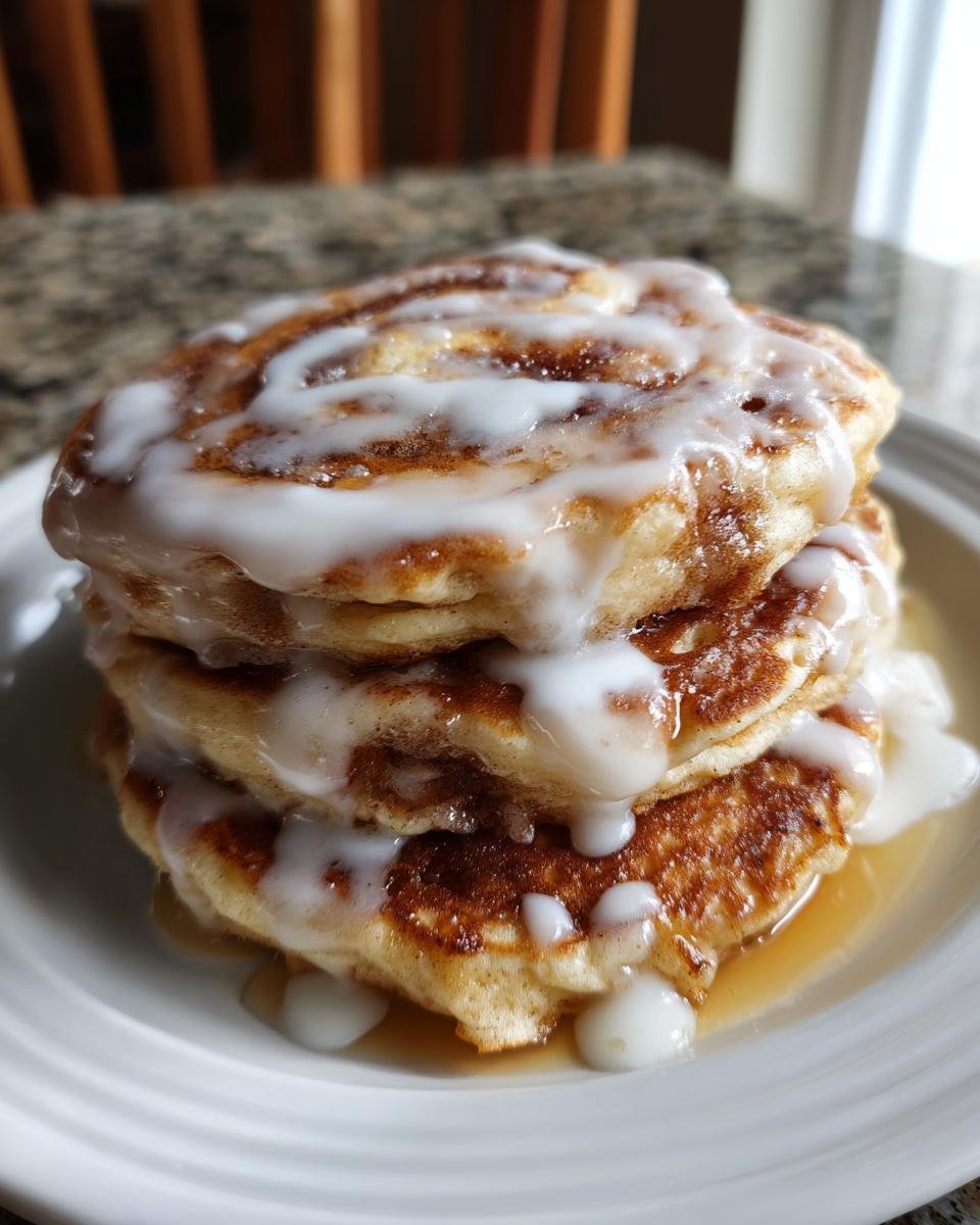 A tall stack of fluffy Cinnamon Roll Pancakes drizzled generously with white cream cheese icing.