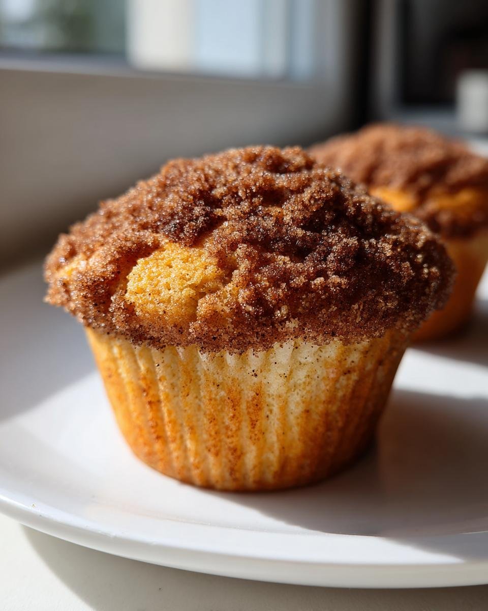 Close-up of a freshly baked Cinnamon Streusel Muffin topped with a thick layer of brown sugar and cinnamon.