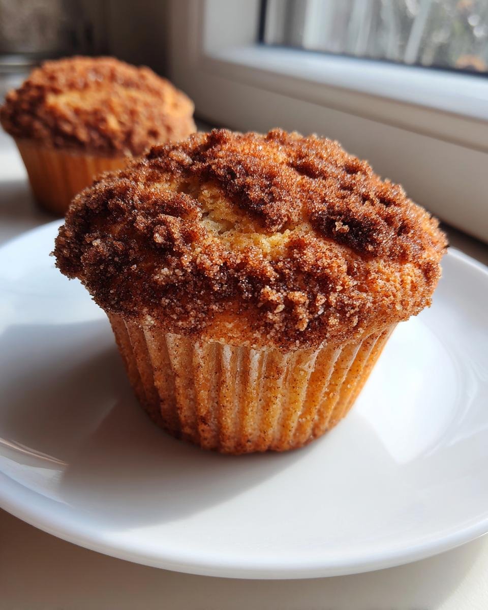 A close-up of a delicious Cinnamon Streusel Muffin sitting on a white plate, featuring a thick, sugary crumb topping.