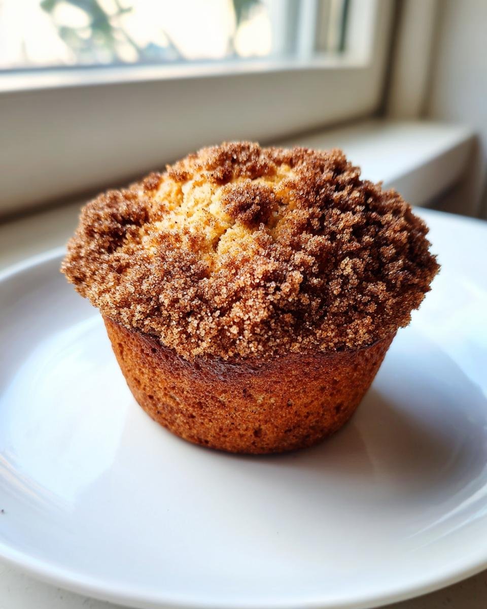 A single, golden-brown Cinnamon Streusel Muffins sits on a white plate, featuring a thick, sugary cinnamon topping.