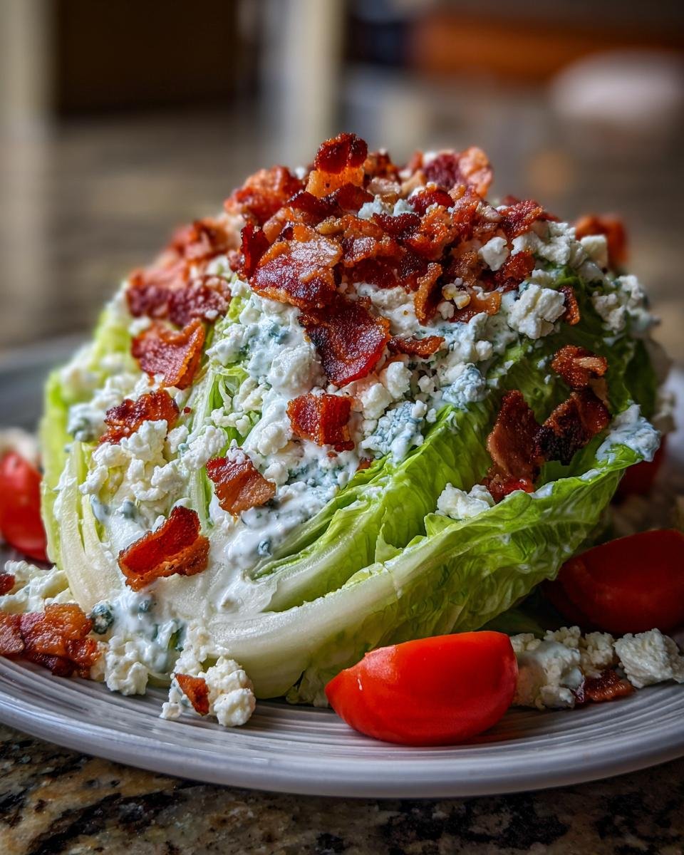 A vibrant Classic Wedge Salad made from a wedge of iceberg lettuce topped generously with blue cheese dressing, crumbles, and crispy bacon bits.