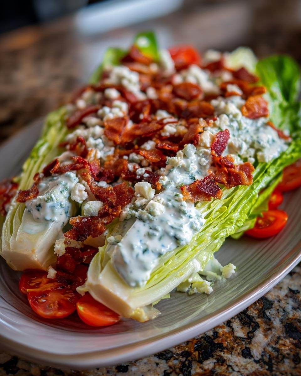 Two wedges of crisp iceberg lettuce topped with blue cheese dressing, crumbled blue cheese, and crispy bacon bits for a Classic Wedge Salad.