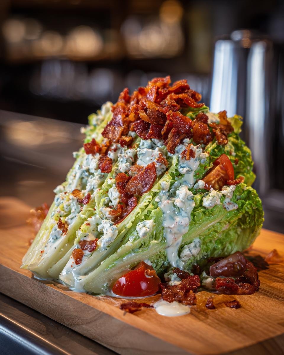 A visually stunning Classic Wedge Salad featuring iceberg lettuce topped with blue cheese dressing, crumbled bacon, and tomato wedges.