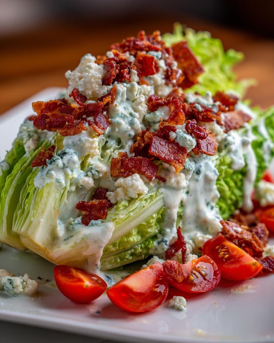 A close-up of a Classic Wedge Salad featuring a crisp iceberg lettuce wedge topped with blue cheese dressing, crumbled blue cheese, and bacon bits.