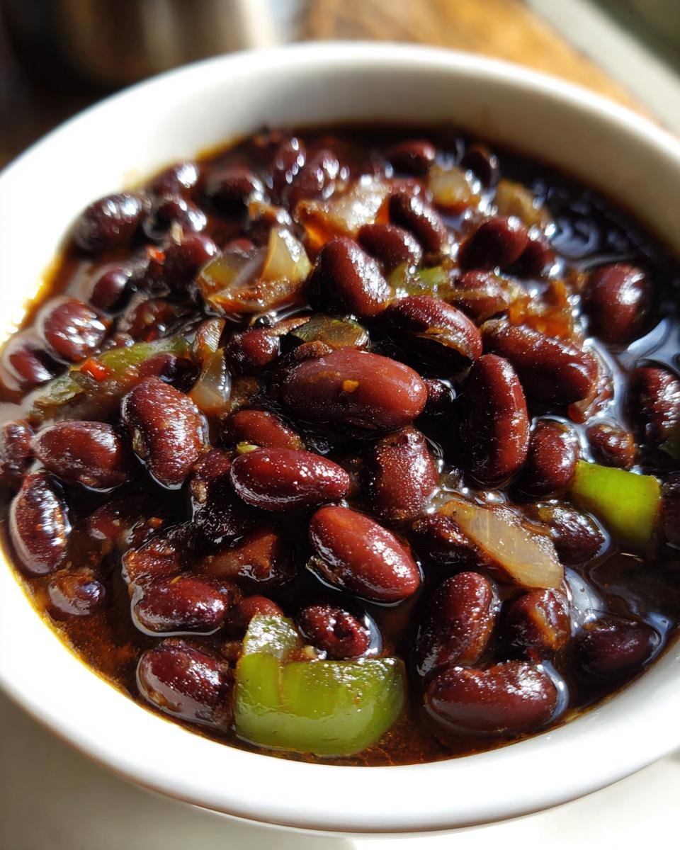 Close-up view of rich, dark Cuban Black Beans simmering in savory broth with chunks of onion and green pepper.