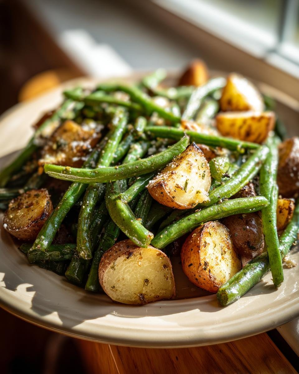 Close-up of roasted potatoes and green beans seasoned with herbs, part of the Country Ranch Green Beans And Potatoes dish.