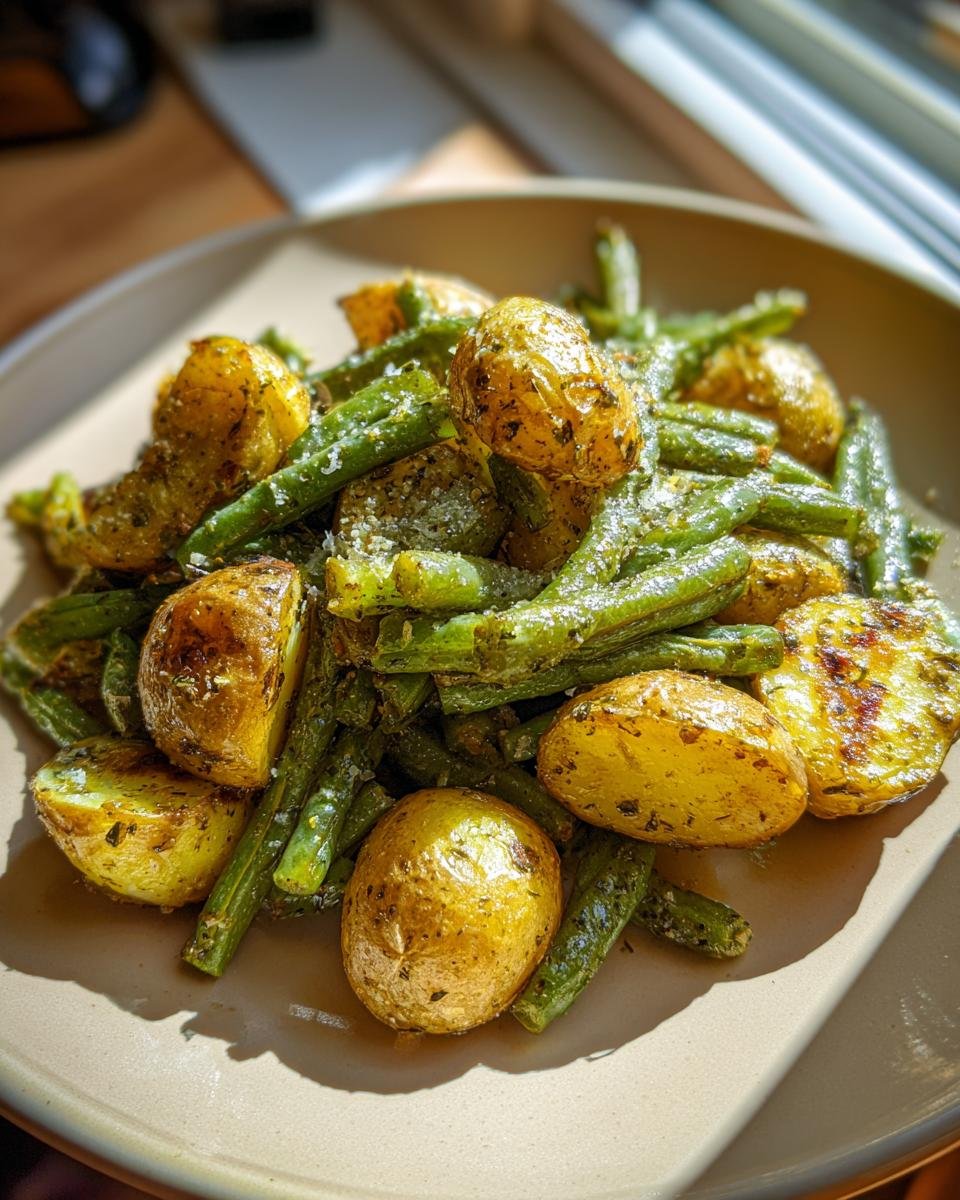 A close-up of roasted Country Ranch Green Beans And Potatoes seasoned with herbs and cheese.