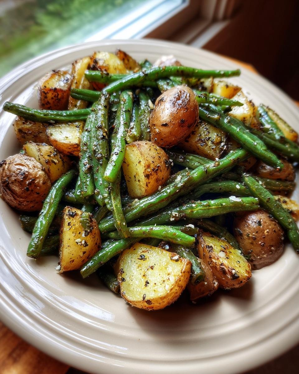 Close-up of roasted Country Ranch Green Beans And Potatoes seasoned with herbs on a light brown plate.