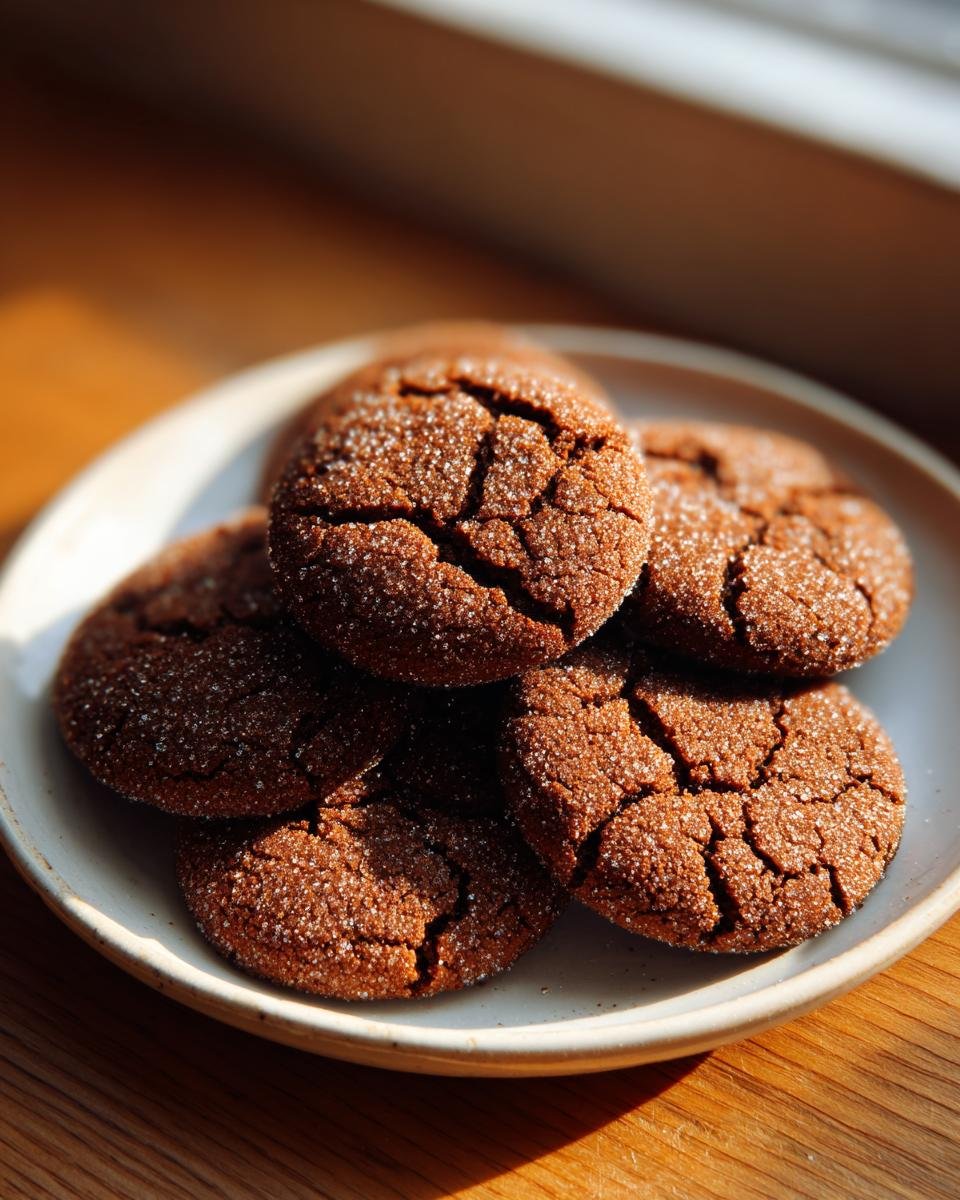 A stack of freshly baked, dark brown Gingersnap Cookies covered in sparkling sugar crystals.