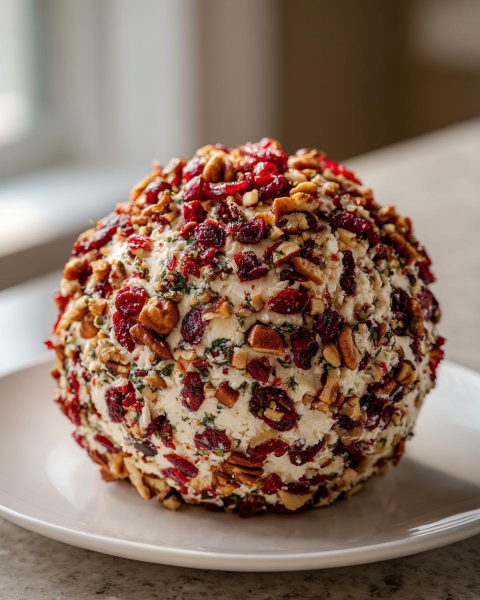 A festive Cranberry Pecan Cheese Ball coated heavily in dried cranberries and chopped pecans, resting on a white plate.
