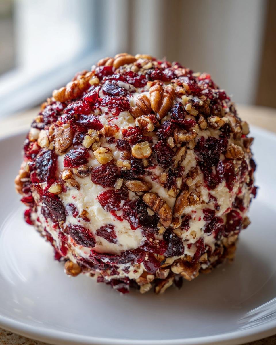 A close-up of a perfectly formed Cranberry Pecan Cheese Ball coated in dried cranberries and chopped pecans.