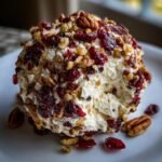 A close-up of the Amazing Cranberry Pecan Cheese Ball coated in dried cranberries and chopped pecans.