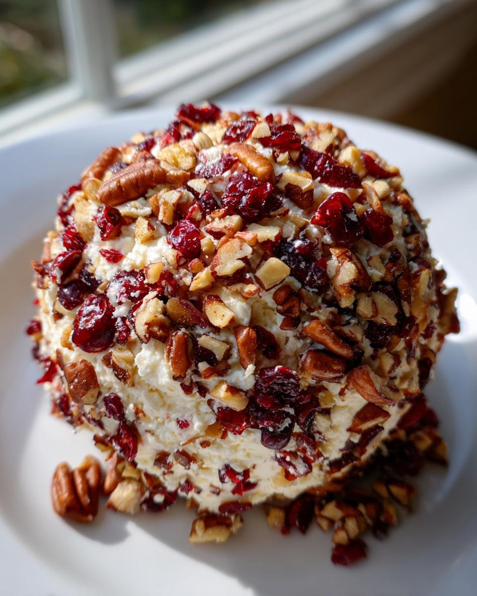 Close-up of a perfectly formed Cranberry Pecan Cheese Ball coated heavily in chopped pecans and dried cranberries.