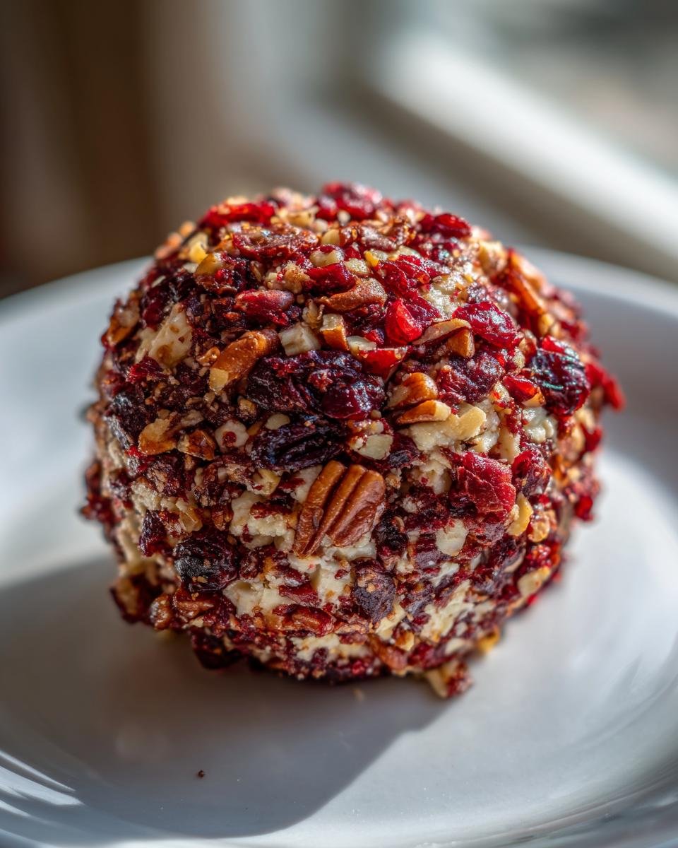 A perfectly formed Cranberry Pecan Cheese Ball coated heavily in chopped cranberries and pecans on a white plate.