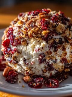A close-up of a festive Cranberry Pecan Cheese Ball coated in dried cranberries and chopped pecans on a white plate.