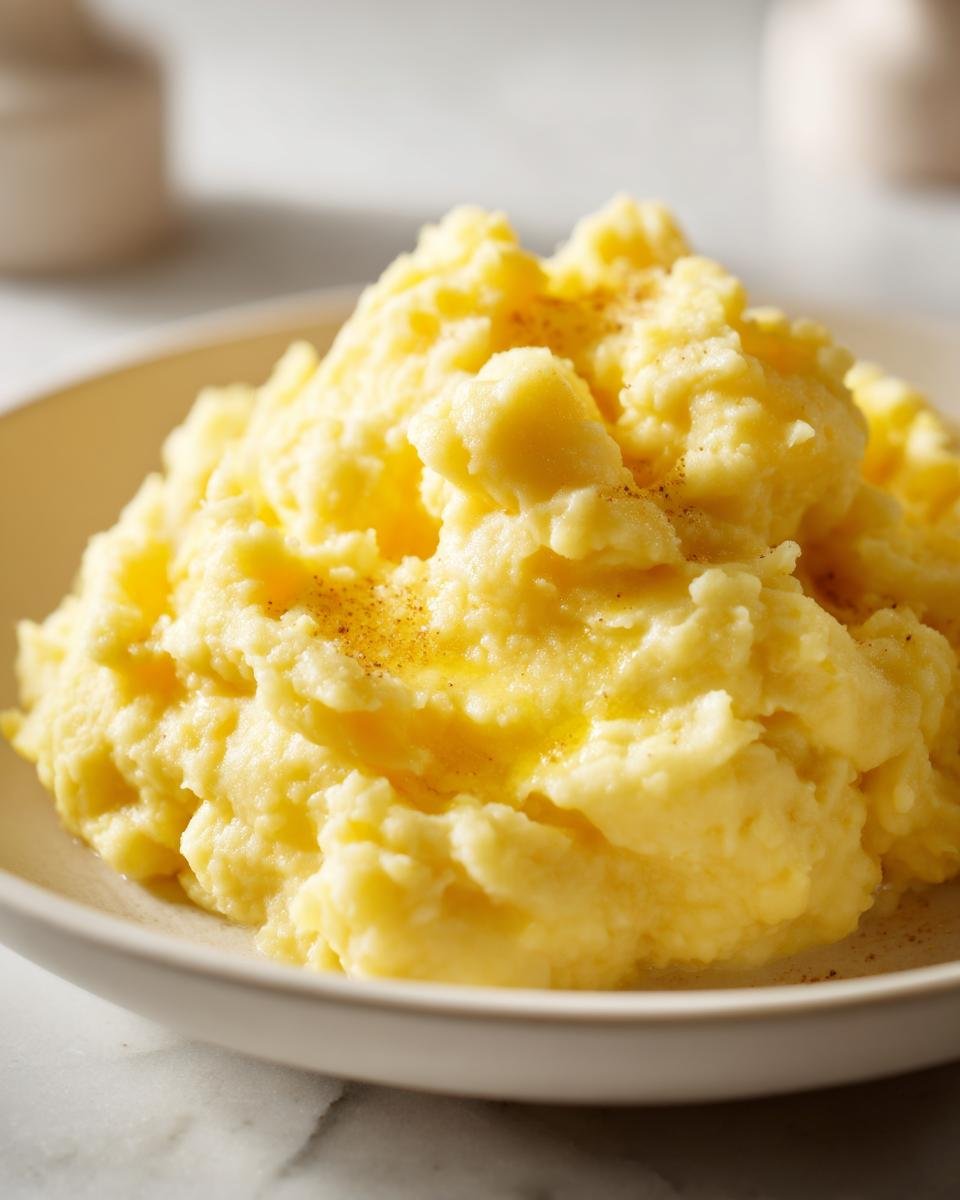 A close-up of creamy, yellow Mashed Rutabaga served in a light bowl, topped with melted butter and pepper.
